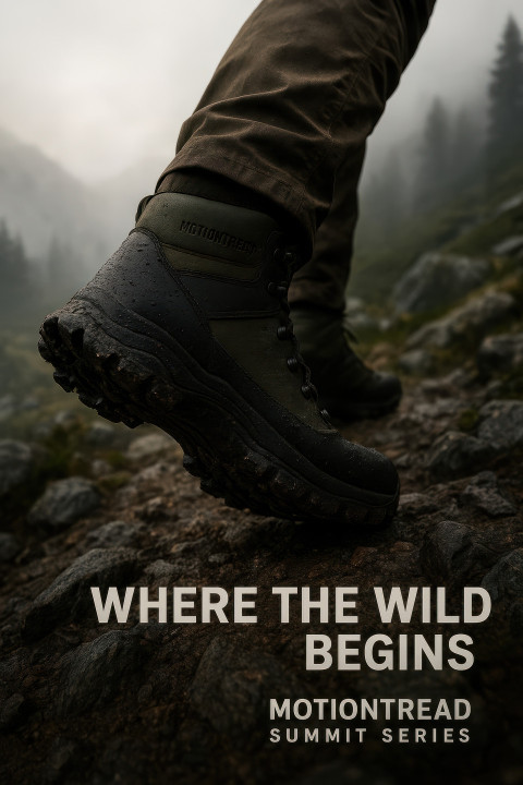 Strong man striding on rocky mountain path in waterproof hiking boots with deep sole grip Strong man striding on rocky mountain path in waterproof hiking boots with deep sole grip