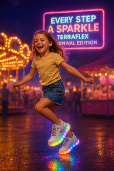 Happy child skipping at bright carnival in glowing led sneakers Happy child skipping at bright carnival in glowing led sneakers