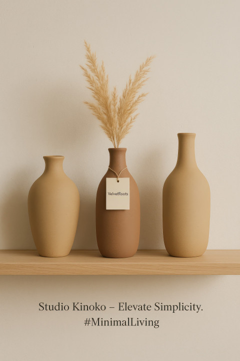 Ceramic vases in earthy tones with pampas grass on floating shelf against neutral wall Ceramic vases in earthy tones with pampas grass on floating shelf against neutral wall