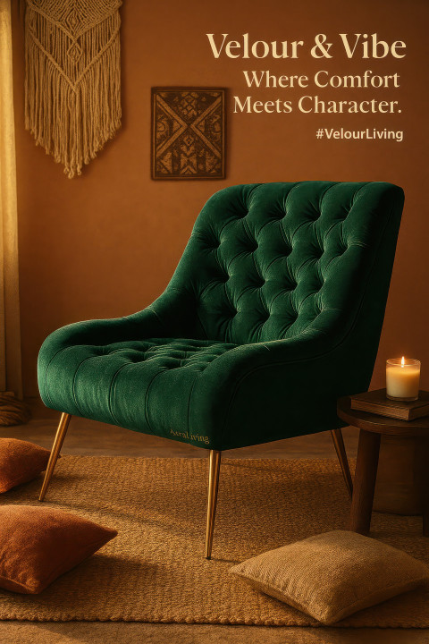 Green velvet chair with brass legs in bohemian corner Green velvet chair with brass legs in bohemian corner