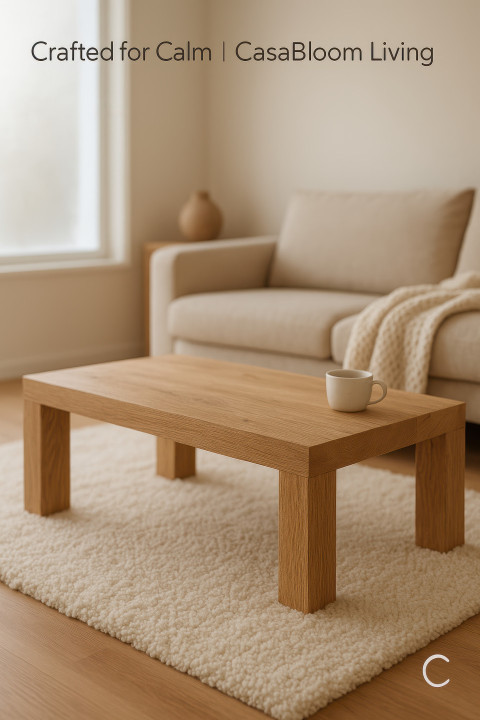 Minimalist oak coffee table in a scandinavian living room with soft daylight Minimalist oak coffee table in a scandinavian living room with soft daylight