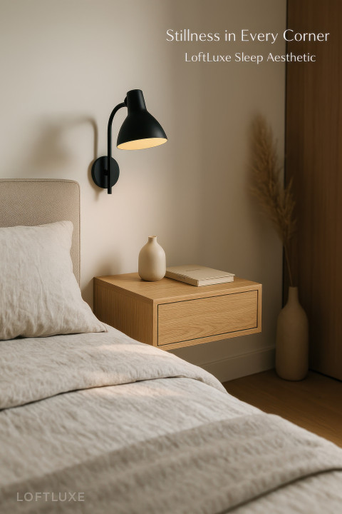 Japandi bedroom with floating nightstand Japandi bedroom with floating nightstand
