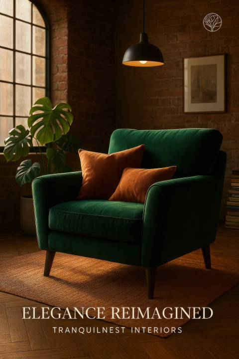 Emerald green velvet armchair in a sunlit loft corner with exposed brick wall Emerald green velvet armchair in a sunlit loft corner with exposed brick wall