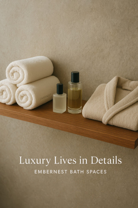 Floating wood bathroom shelf with towels Floating wood bathroom shelf with towels