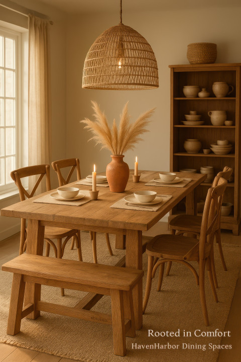 Spacious boho dining room with wood table Spacious boho dining room with wood table
