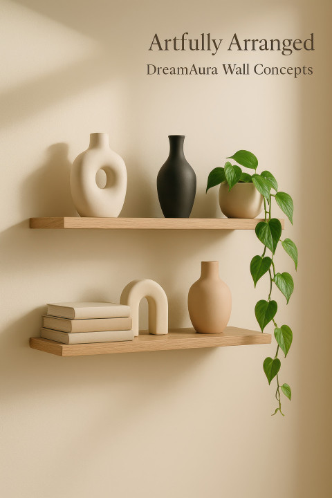 Modern oak wall shelf with ceramics Modern oak wall shelf with ceramics