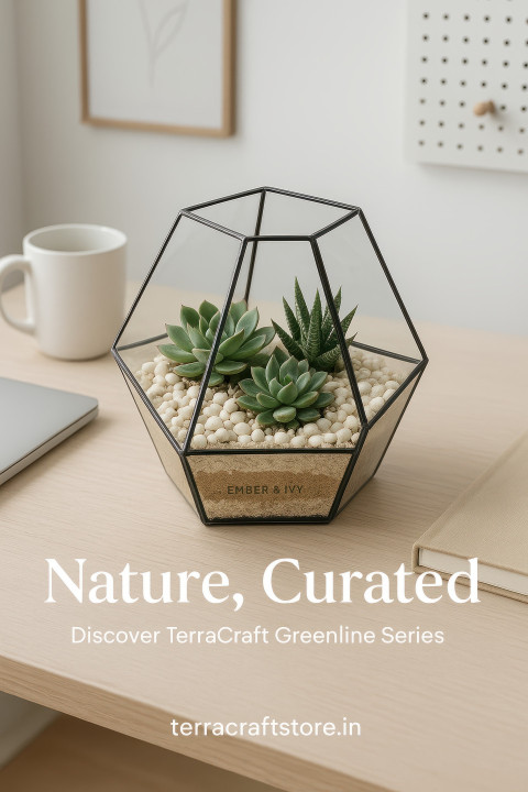 Glass terrarium with succulents and pebbles on wooden desk beside mug Glass terrarium with succulents and pebbles on wooden desk beside mug