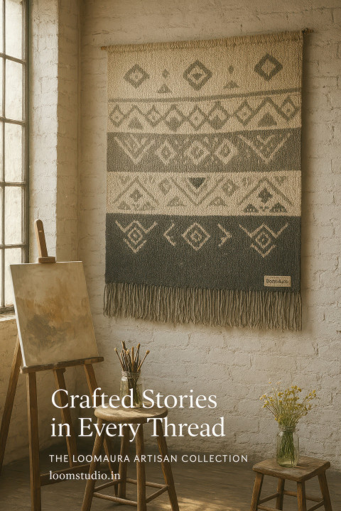 Neutral toned tribal tapestry hanging in rustic studio with easel Neutral toned tribal tapestry hanging in rustic studio with easel