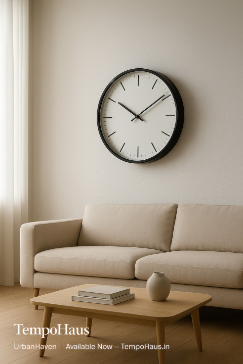 Sleek wall clock on white feature wall above scandinavian sofa with soft daylight Sleek wall clock on white feature wall above scandinavian sofa with soft daylight