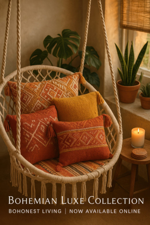 Colorful boho cushions with tassels on swing chair in cozy patio nook with plants and warm light Colorful boho cushions with tassels on swing chair in cozy patio nook with plants and warm light