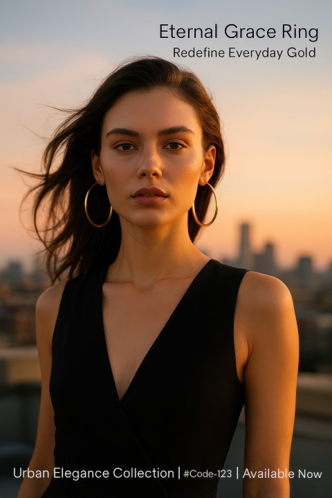 Young model in black jumpsuit wearing large gold hoop earrings on rooftop lounge at sunset with city skyline Young model in black jumpsuit wearing large gold hoop earrings on rooftop lounge at sunset with city skyline
