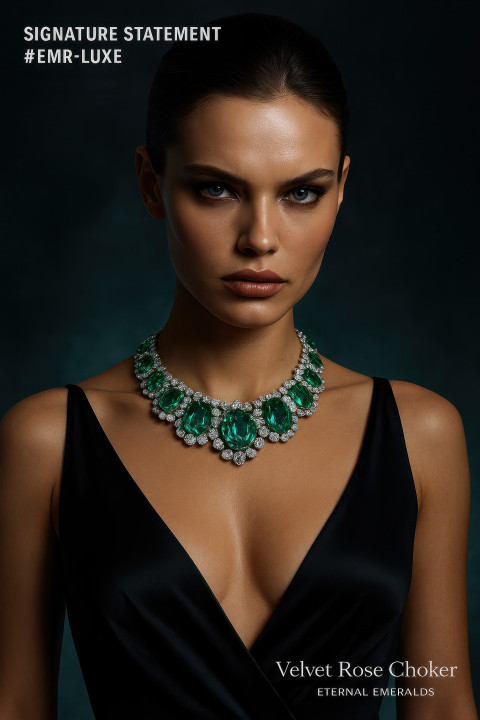 Luxury model in satin gown wearing bold emerald necklace against dark smoky backdrop with gemstone sparkle Luxury model in satin gown wearing bold emerald necklace against dark smoky backdrop with gemstone sparkle
