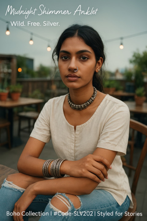 Young woman in casual kurti and jeans wearing oxidized silver choker Young woman in casual kurti and jeans wearing oxidized silver choker