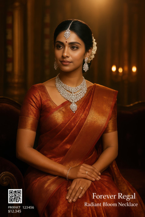 South indian bride in silk saree wearing diamond necklace South indian bride in silk saree wearing diamond necklace
