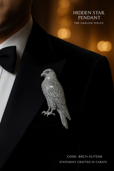 Close up of tuxedo lapel with diamond studded falcon brooch glowing under ballroom lights showing regal masculine style Close up of tuxedo lapel with diamond studded falcon brooch glowing under ballroom lights showing regal masculine style