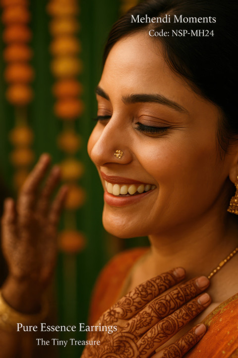 Smiling bride at mehendi with tiny floral gold nose pin glowing in warm light surrounded by marigold decor and friends Smiling bride at mehendi with tiny floral gold nose pin glowing in warm light surrounded by marigold decor and friends