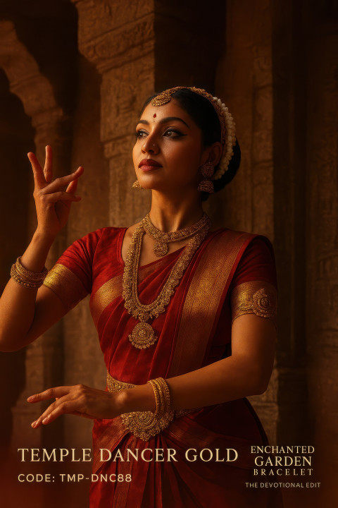 Classical dancer mid pose by temple pillar wearing ornate south indian jewelry vanki armlet belt haaram and sun moon earrings Classical dancer mid pose by temple pillar wearing ornate south indian jewelry vanki armlet belt haaram and sun moon earrings