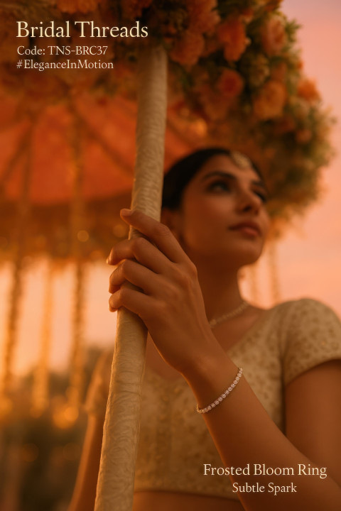 Bride holding floral canopy pole wearing subtle diamond tennis bracelet Bride holding floral canopy pole wearing subtle diamond tennis bracelet