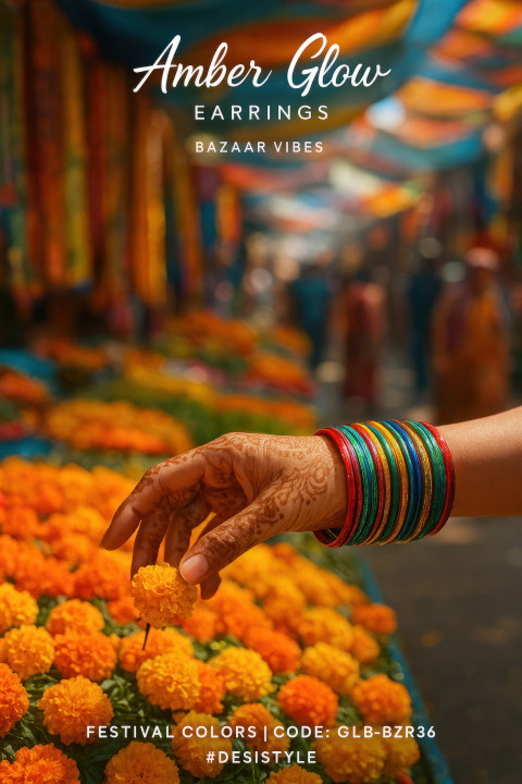 Woman with mehendi hand reaching for marigolds in market Woman with mehendi hand reaching for marigolds in market