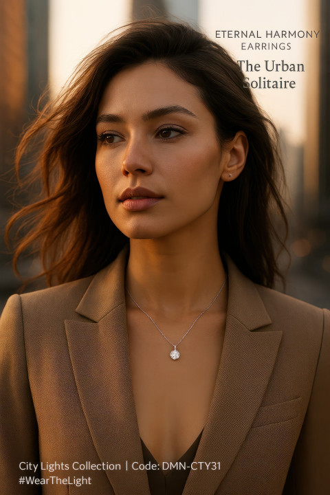 Stylish young woman in city wearing solitaire diamond pendant with chic blazer Stylish young woman in city wearing solitaire diamond pendant with chic blazer