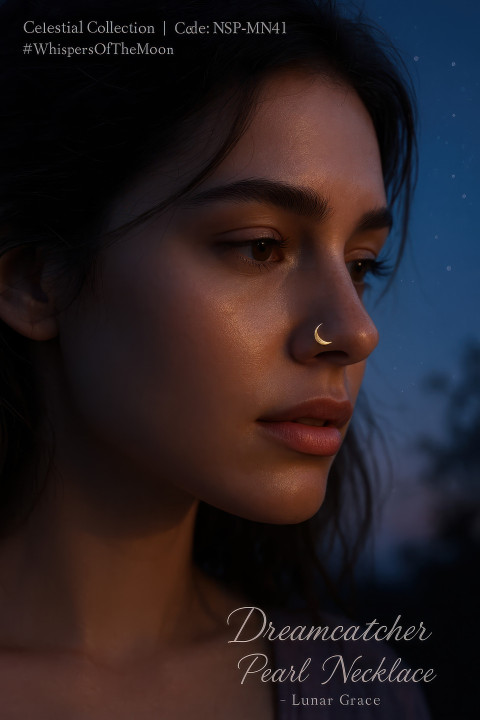 Young woman with crescent moon gold nose pin under twilight sky Young woman with crescent moon gold nose pin under twilight sky