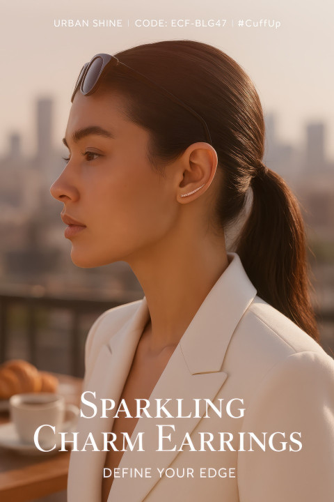 Fashion blogger at rooftop brunch wearing diamond ear cuff shining in morning sun with city view Fashion blogger at rooftop brunch wearing diamond ear cuff shining in morning sun with city view