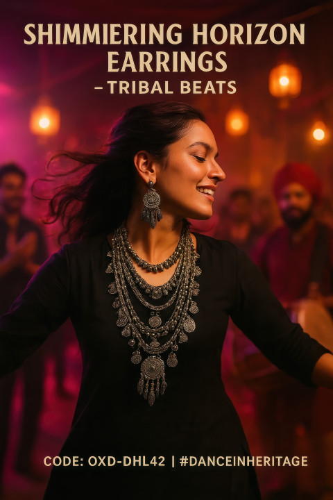 Woman dancing in punjabi dhol night wearing layered oxidized silver necklaces with festive lights and motion Woman dancing in punjabi dhol night wearing layered oxidized silver necklaces with festive lights and motion