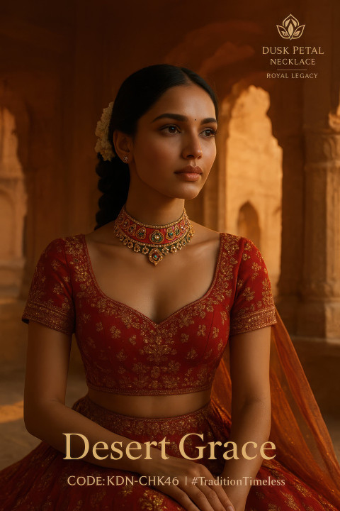 Woman in rajasthani lehenga wearing red green kundan choker in desert palace glow Woman in rajasthani lehenga wearing red green kundan choker in desert palace glow