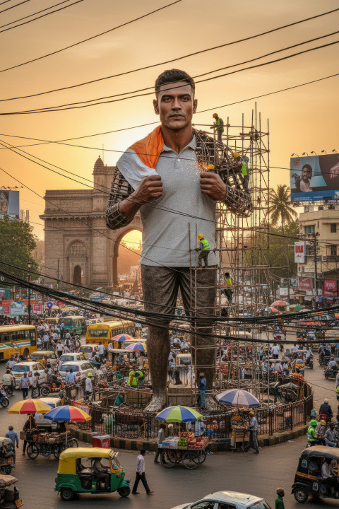 Giant statue ai prompt for google gemini nano banana of indian man with flag across shoulders