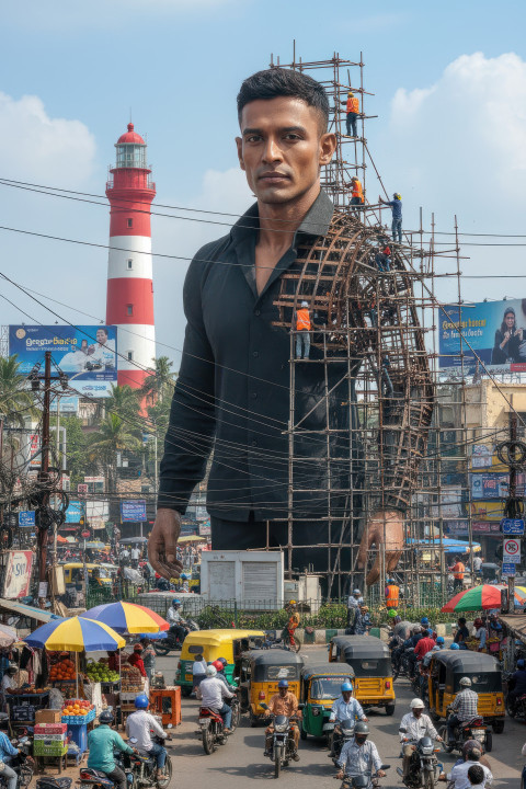 Giant statue ai prompt for google gemini nano banana of mature indian man in black shirt