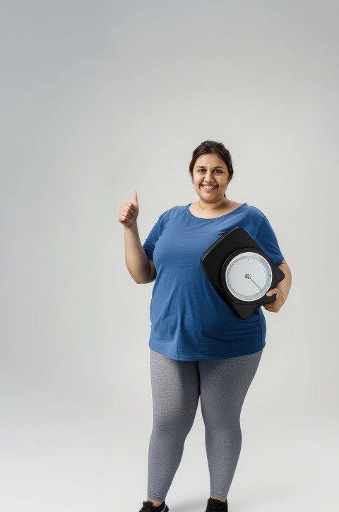 An overweight Indian woman smiling while holding up her weight scale An overweight Indian woman smiling while holding up her weight scale