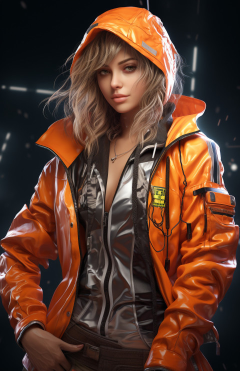 A female character wearing a orange jacket and other clothing A female character wearing a orange jacket and other clothing