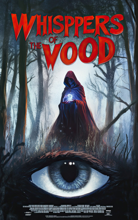 Fantasy movie poster of cloaked figure with glowing orb in moonlit forest