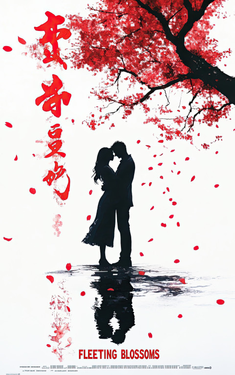 Romance movie poster of couple hugging under cherry tree at dusk with falling petals