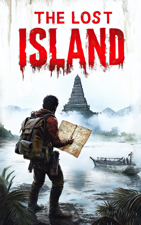 Adventure movie poster of explorer with torn map on broken boat
