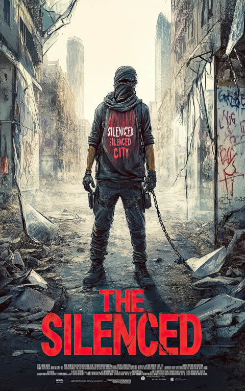 Movie poster of masked rebel in ruined city with rebellion graffiti