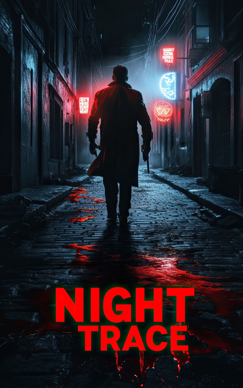 Thriller movie poster of detective in neon alley with gun