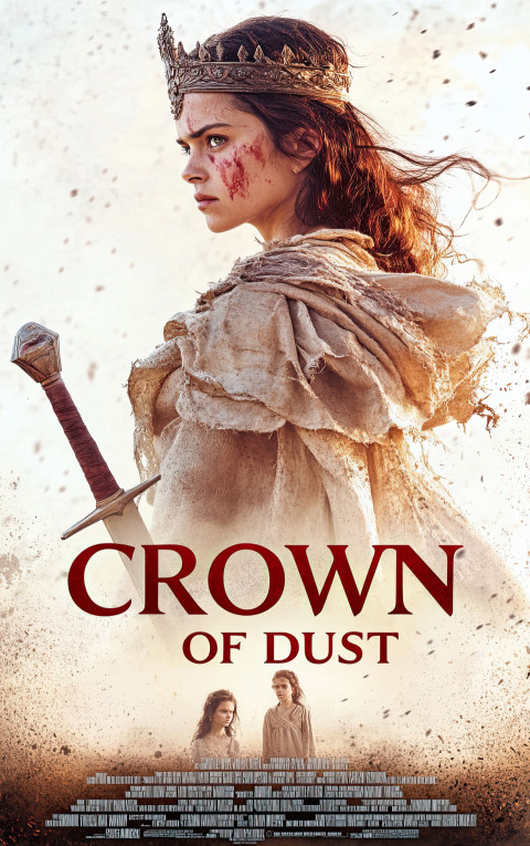 Historical drama movie poster of queen on battlefield with sword in dirt