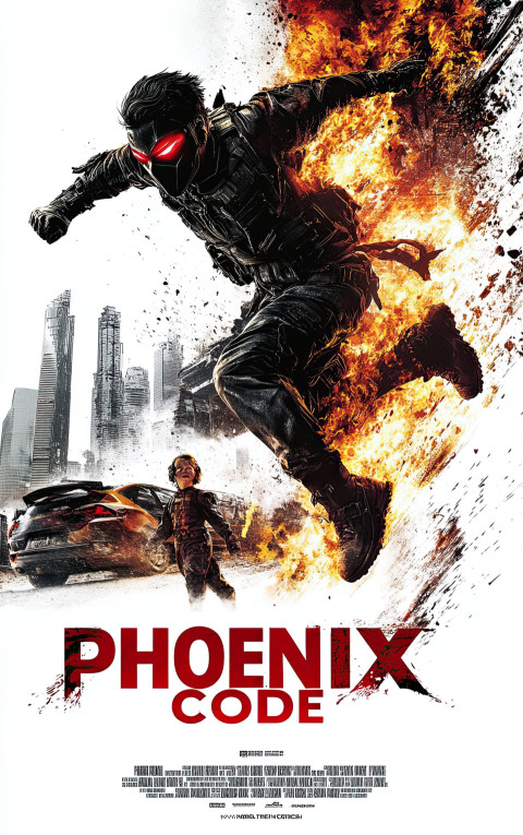 Action movie poster of masked vigilante leaping from fire blast