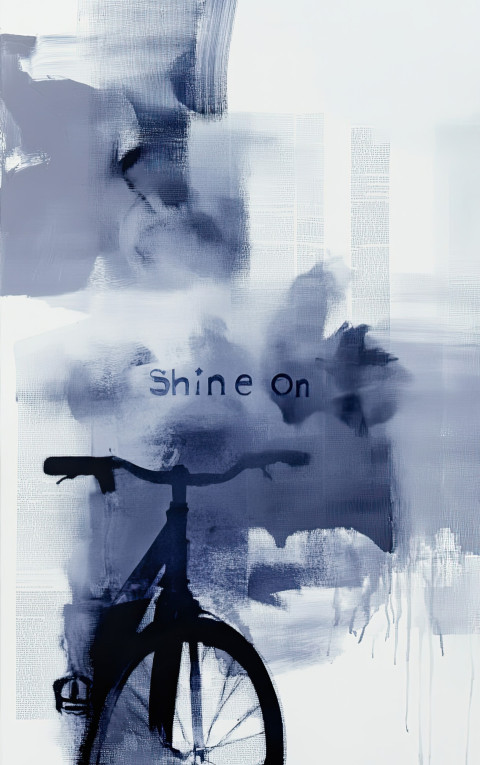 Shine On text in bold letters with vintage bicycle behind