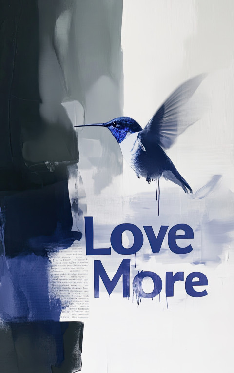 Love More painted with a hummingbird in the background