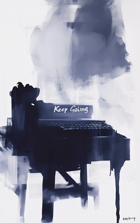 Keep Going in bold letters with typewriter behind