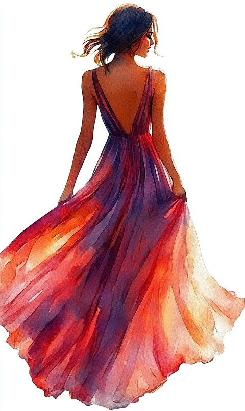 Watercolor of full-height model in long dress