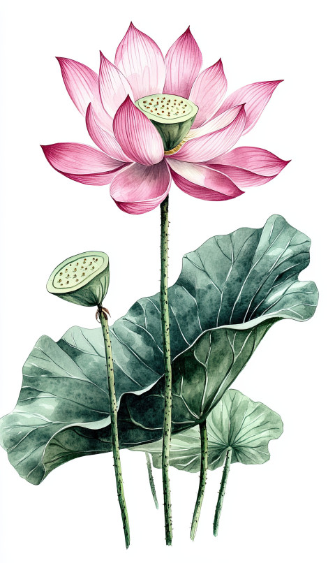 Delicate watercolor of tall lotus flower in bloom