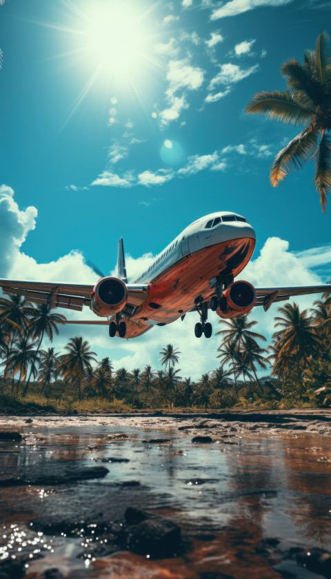 Jet flying over the beach with majestic palm trees below