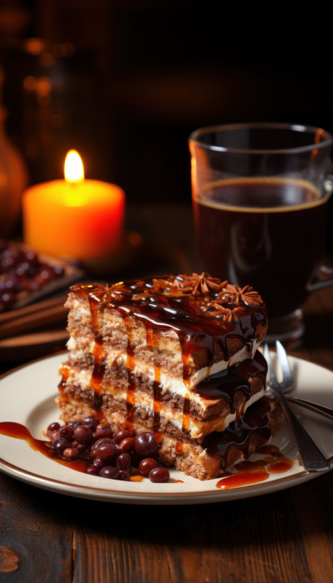 Cake slice and coffee on a plate Cake slice and coffee on a plate