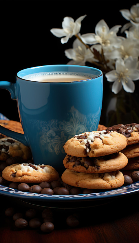 A photo showcasing a cup of coffee alongside cookies placed on a plate A photo showcasing a cup of coffee alongside cookies placed on a plate