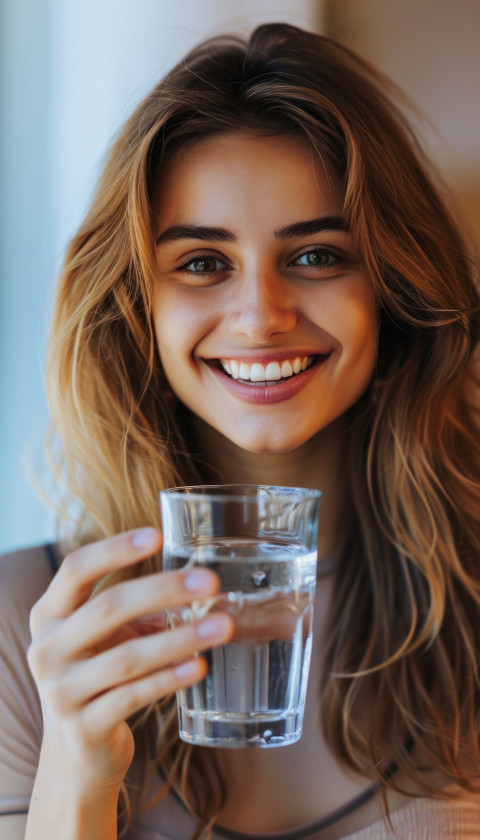 Happy girl smiling at the camera while confidently holding a glass of water Happy girl smiling at the camera while confidently holding a glass of water