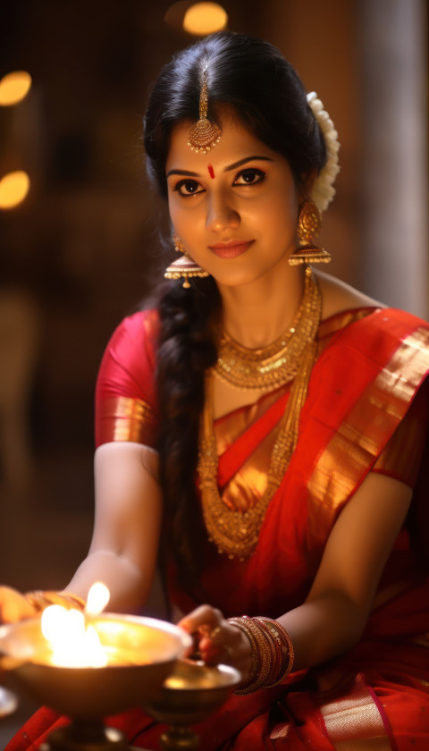 Indian marathi woman in a traditional sari lights a brass oil lamp during a festive celebration in a majestic palace in maharashtra Indian marathi woman in a traditional sari lights a brass oil lamp during a festive celebration in a majestic palace in maharashtra