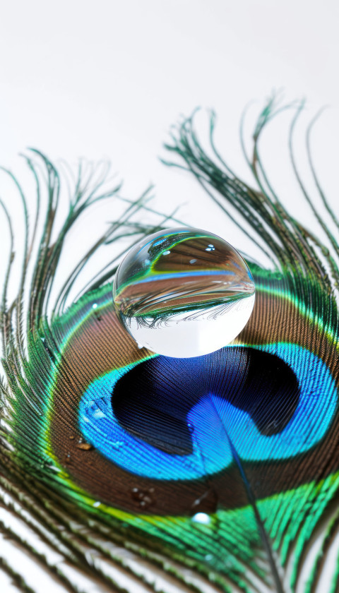 Shimmering water droplet enhances the beauty of a peacock feather Shimmering water droplet enhances the beauty of a peacock feather